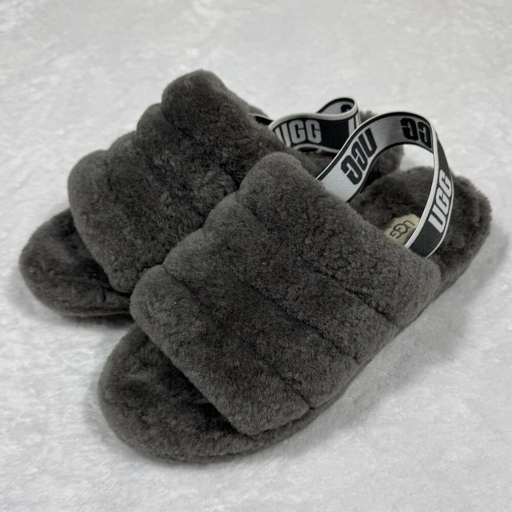 UGG Fluff Yeah Slide Slippers Charcoal Gray Women's 9 Slingback Sandals Shearing